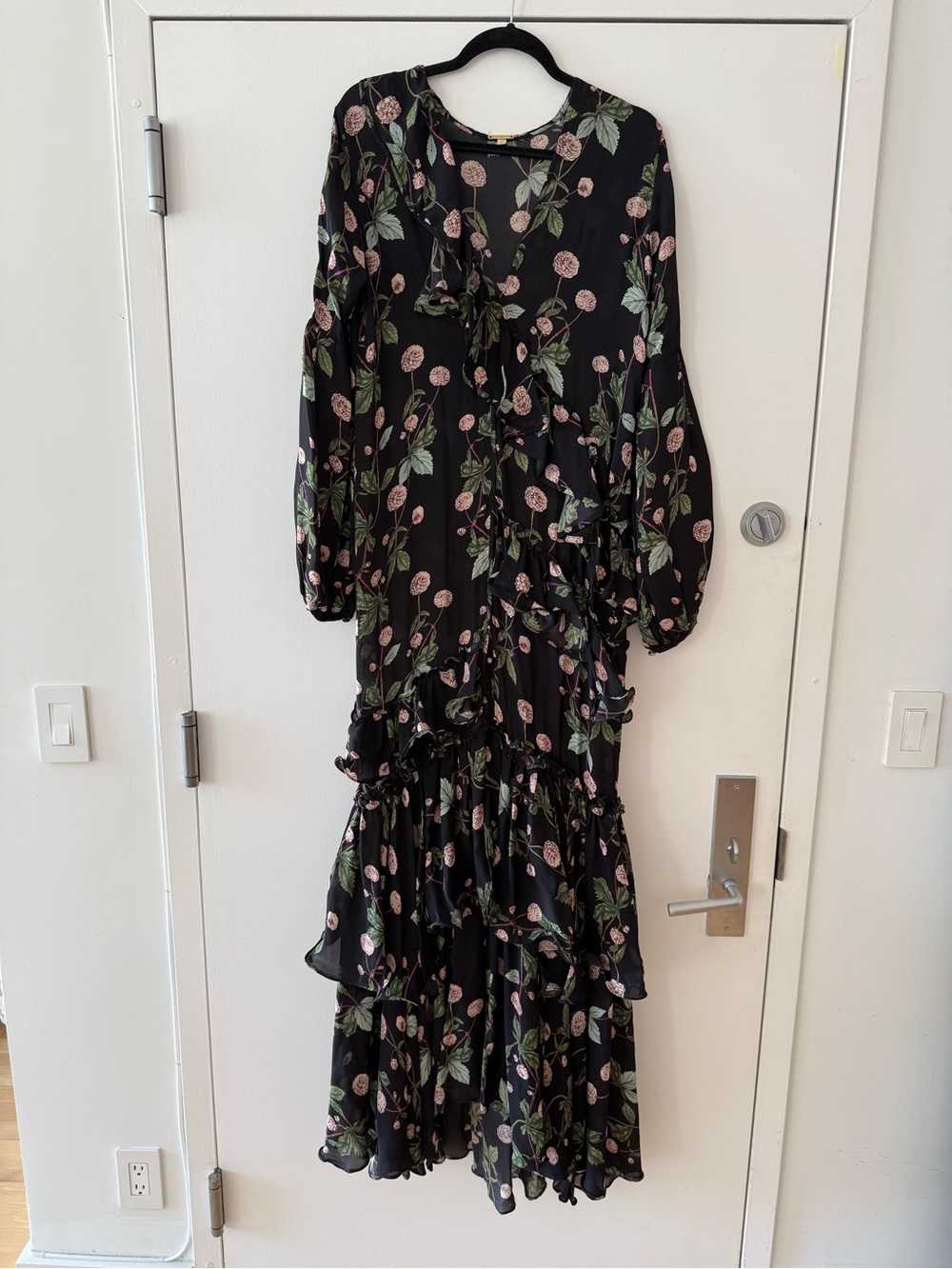 Johanna Ortiz Galeria Fundana Black Maxi Dress with Pink Floral and Green Leaves - Picture 2 of 7